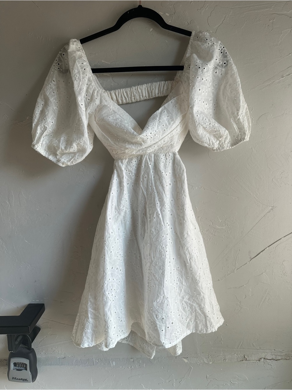 Hello Molly White Eyelet Puff Sleeve Open Back Mini Dress Cottagecore Coquette - Picture 2 of 13
